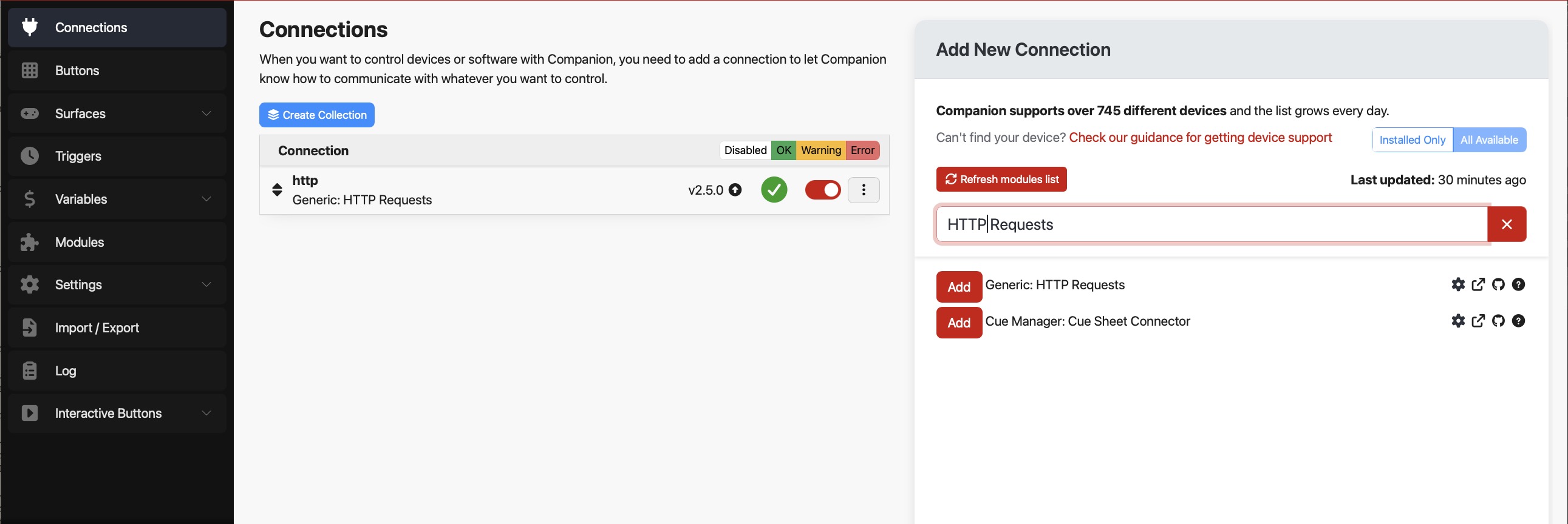 Companion Connections with HTTP Requests module installed